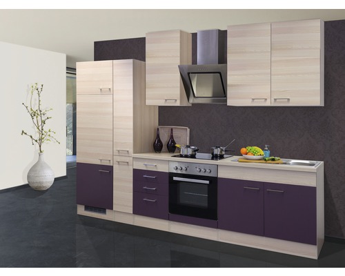 Bloc cuisine complète équipée Flex Well Focus 300 cm façade acacia aubergine mate, corps acacia variante réversible démonté