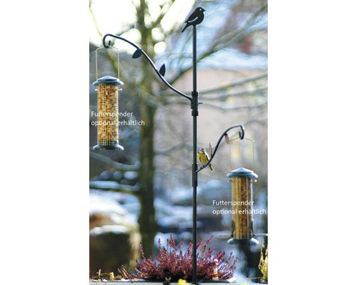 Vogelhaus mit zwei optional erhältlichen Futterspendern und Vogel