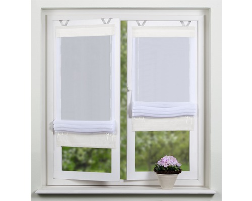 Deux fenêtres avec stores plissés blancs et fleurs