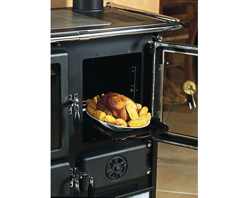 Cuisinière à bois avec poulet rôti et croquettes au four