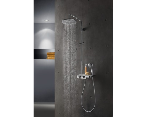 Colonne de douche avec pomme de tête, douchette à main et étagère dans la salle de bain