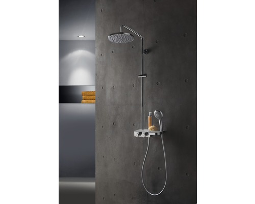 Système de douche avec douches de tête et à main dans une salle de bains moderne