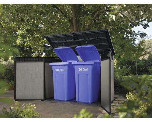 Box à poubelles avec deux poubelles bleues dans le jardin