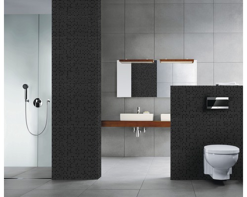 Salle de bains avec douche, lavabo, miroir et WC suspendu.