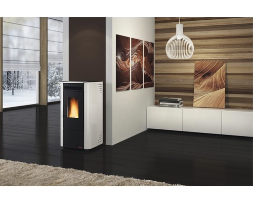 Salon moderne avec poêle à granulés, meuble bas blanc et lambris en bois