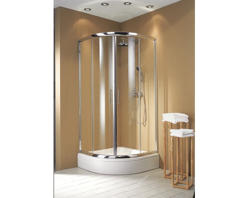 Cabine de douche d''angle avec pommeau et douchette dans une salle de bains