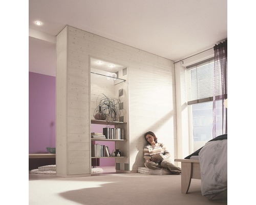 Pièce lumineuse avec bibliothèque, femme lisant un livre