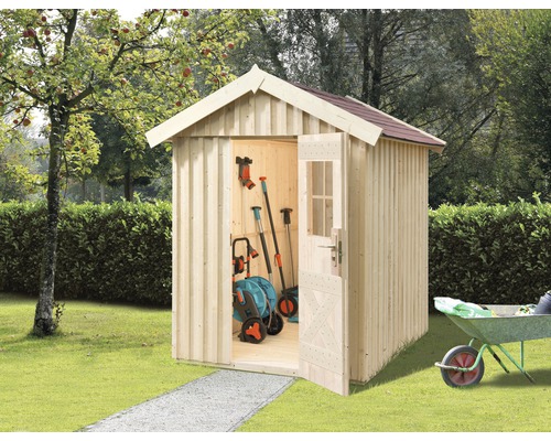 Abri de jardin en bois avec porte ouverte et outils de jardin à l''intérieur