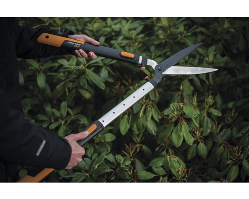 Une personne utilise un taille-haie à engrenages devant une haie verte.