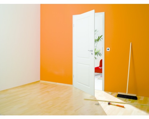 Porte intérieure claire dans une pièce rénovée avec plancher en bois et outils de nettoyage