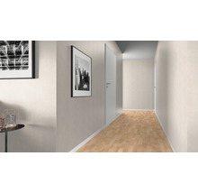 Couloir avec parquet, portes blanches et images encadrées au mur