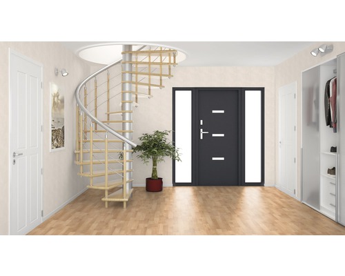 Vue d''un couloir avec escalier en colimaçon, porte d''entrée et armoire