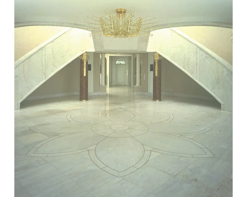 Hall d''entrée avec sol en marbre, escalier et lustre