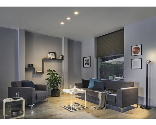 Wohnzimmer mit Sofa, Sessel, Zimmerpflanze und Deckenleuchten