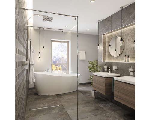 Salle de bain lumineuse avec douche, baignoire et double vasque