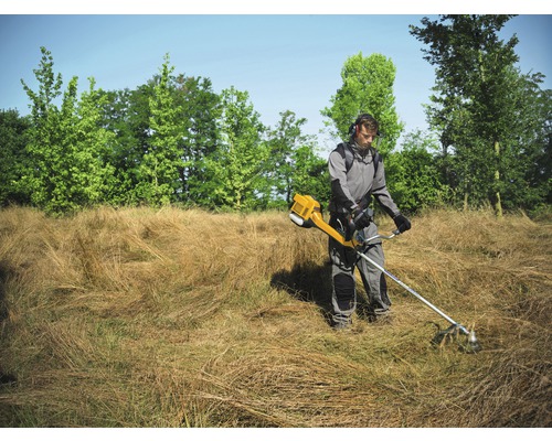 Une personne utilise une débroussailleuse dans un champ d''herbes hautes.