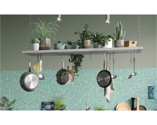 Scène de cuisine avec étagère à casseroles suspendue, casseroles, plantes et ustensiles de cuisine