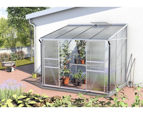 Serre adossée Vitavia Ida 5200 panneaux alvéolés 6 mm 201x262 cm aluminium Serre adossée avec plantes dans le jardin