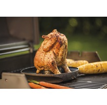 Gegrilltes Hähnchen auf einem Grill mit Maiskolben und Karotten