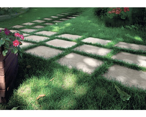 Chemin de jardin avec dalles carrées en pierre dans l''herbe