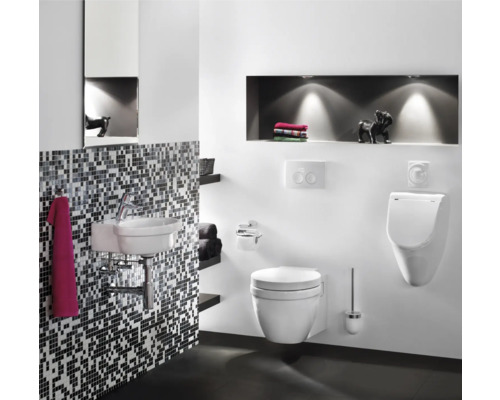 Glasmosaik A 125 mix weiss/grau/schwarz 30.5x32.7 cm Badezimmer mit Toilette, Urinal, Waschbecken, Mosaikfliesen und Beleuchtung