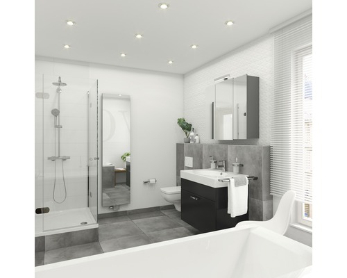 Salle de bains avec douche, meuble sous-lavabo, armoire de toilette et baignoire