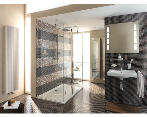 Salle de bain lumineuse avec douche, lavabo, miroir et radiateur