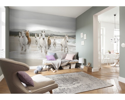 Salon avec papier peint photo représentant un groupe de chevaux au galop sur la plage, avec fauteuil et tapis