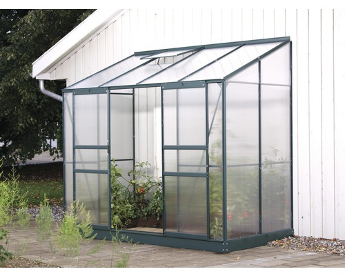 Serre avec des plantes devant un mur de maison