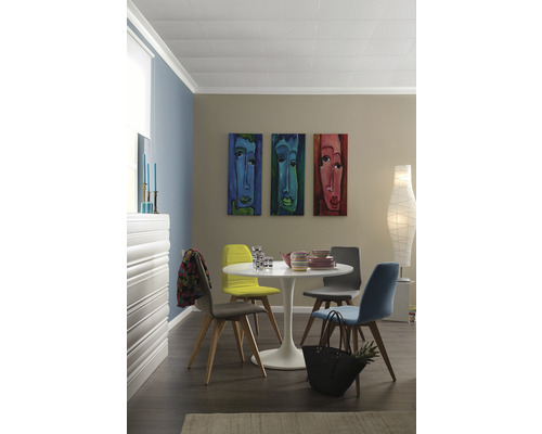 Salle à manger avec table, chaises et panneaux de plafond