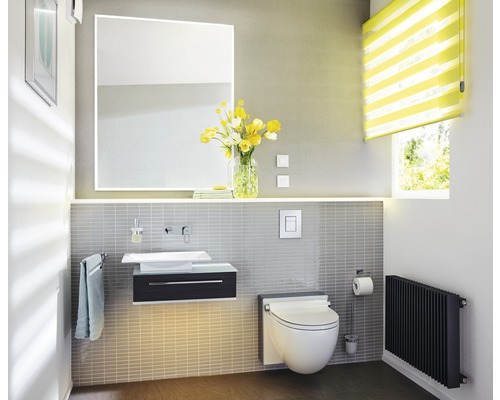 Salle de bains moderne avec lavabo, miroir, toilettes et radiateur.