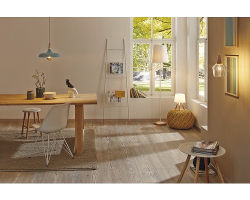 Salon lumineux avec table en bois, chaises, étagère échelle et diverses lampes