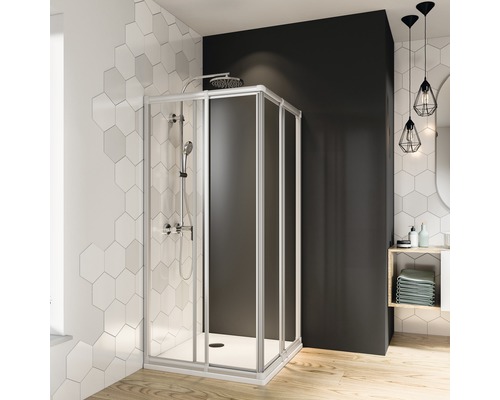 Douche accès d'angle avec porte coulissante en 4 éléments Breuer Fara 4 80-90 cm hauteur 185 cm en verre transparent profilé couleur blanc