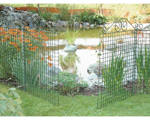 Scène de jardin avec bassin et clôture ornementale verte