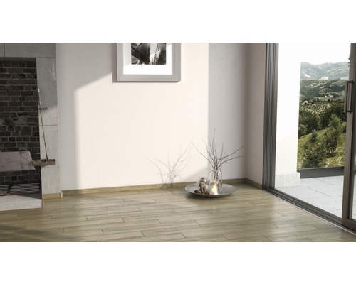 Pièce lumineuse avec plancher en bois, cheminée et vue sur l''extérieur