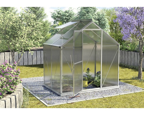 Serre avec porte ouverte et lucarne dans le jardin