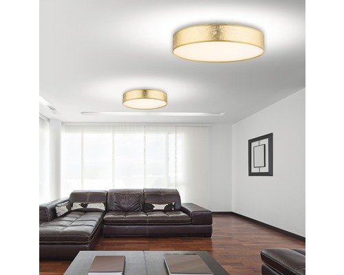 Wohnzimmer mit zwei runden Deckenleuchten und Ledersofa