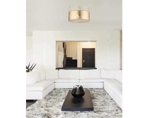 Wohnzimmer mit Deckenleuchte, Sofa und Teppich