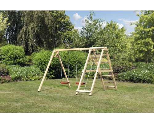 Balançoire double AKUBI Felix avec portique d'escalade et rampe avec filet Balançoire en bois avec échelle dans le jardin