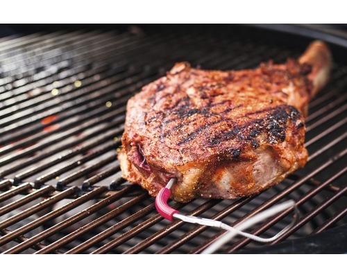 Steak Tomahawk sur le gril avec thermomètre à viande