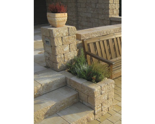 Espace extérieur avec escalier en pierre, mur en pierre, banc en bois et éléments en pierre plantés