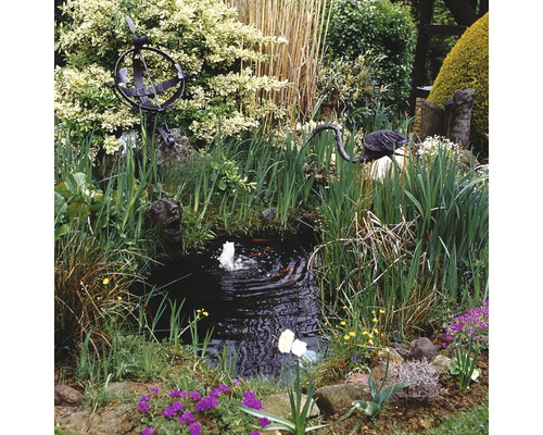 Bassin avec fontaine, plantes ornementales et décorations dans le jardin