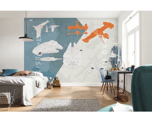 Chambre moderne avec papier peint photo Star Wars avec des illustrations de vaisseaux spatiaux