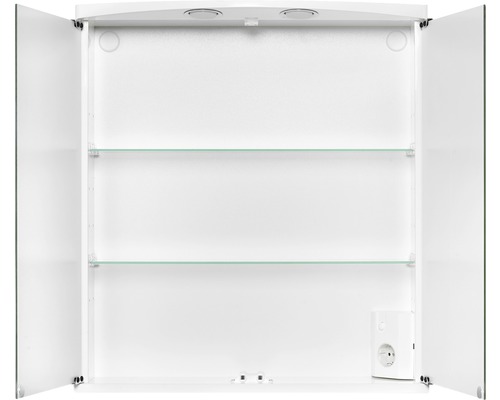 Armoire de toilette ouverte avec étagères en verre et prise de courant