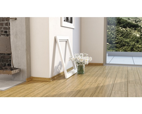 Innenraumszene mit Holzfussboden, Fussleisten, Bilderrahmen und Blumenvase