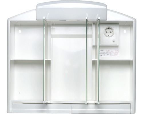 Armoire de toilette blanche avec étagères et prise de courant