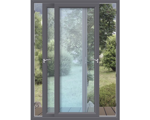 Porte coulissante grise avec vue sur le jardin
