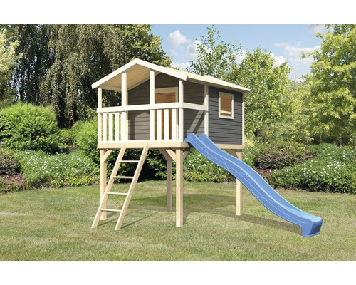 Cabane sur pilotis AKUBI Benjamin gris terre cuite+toboggan bleu Cabane de jeu en bois avec toboggan et échelle dans le jardin