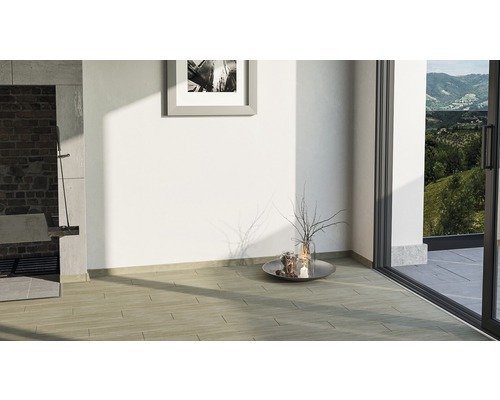 Innenraum mit Steingutfliesen in Holzoptik, Kamin und Terrassentür