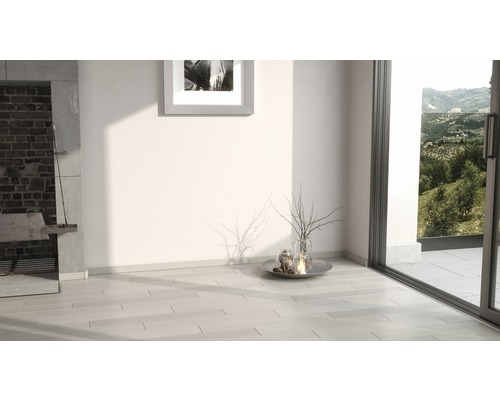 Pièce lumineuse avec plancher en bois, cheminée et vue sur la verdure